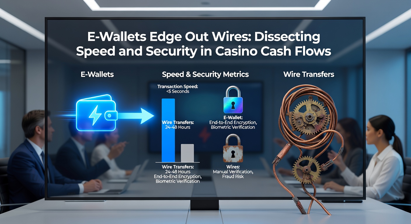 Secure e-wallet security features including biometric locks and encryption icons compared to traditional wire transfer paperwork