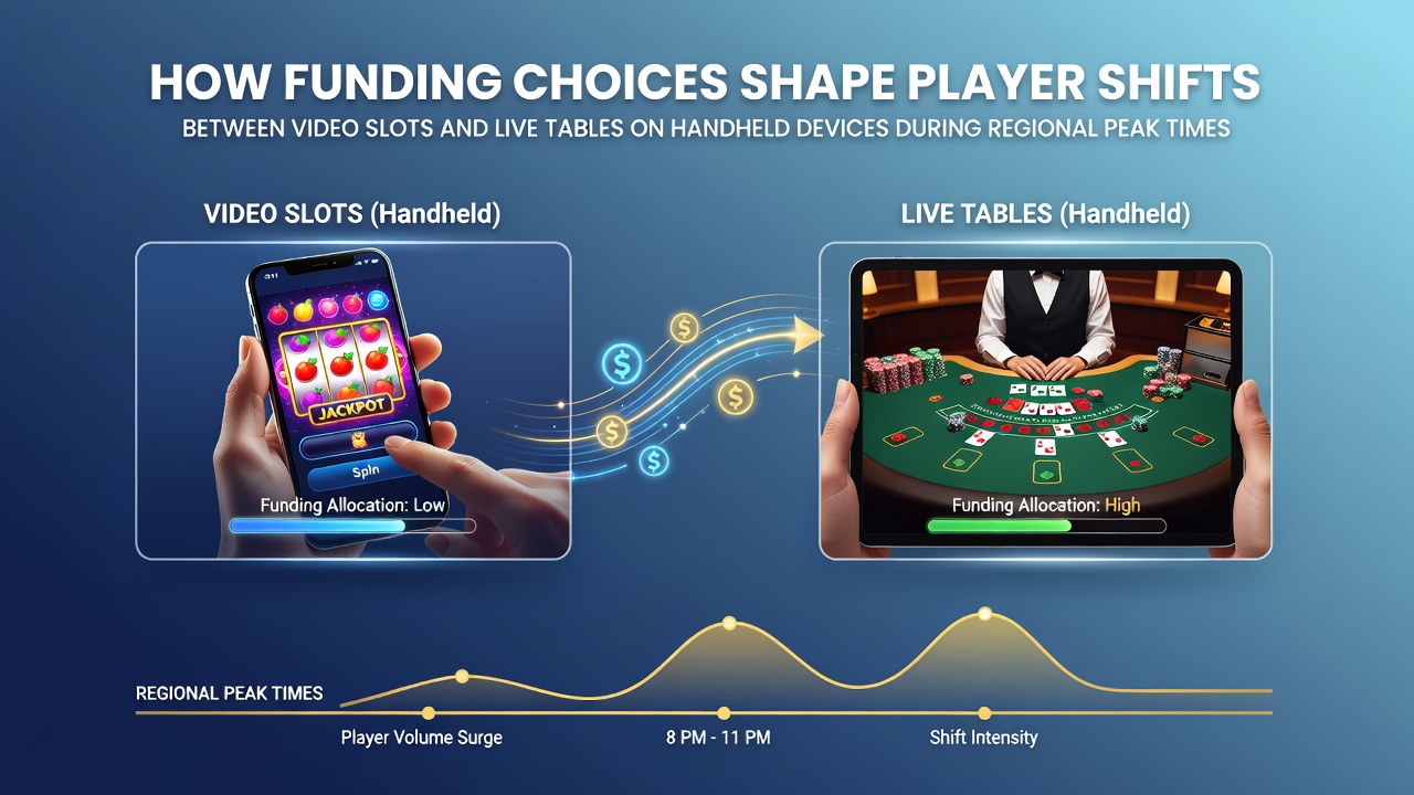 Mobile device screen showing video slots interface transitioning to live dealer tables during evening peak hours