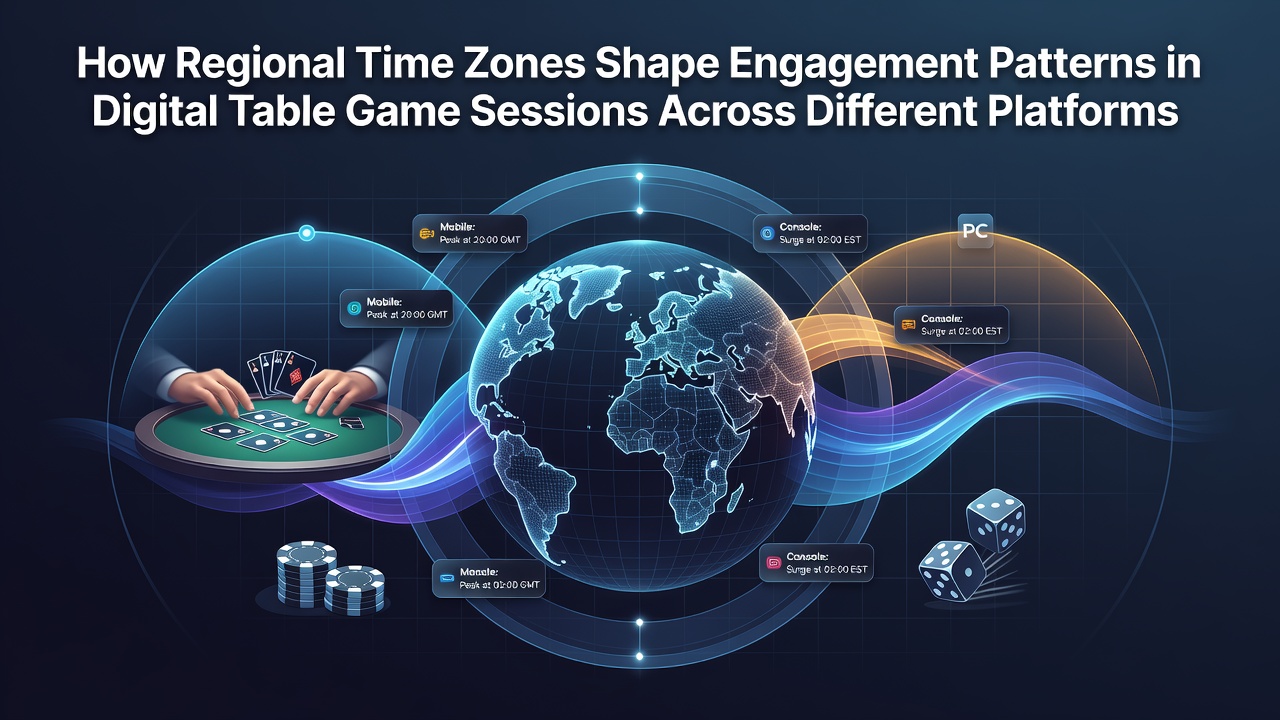 Digital table game interface showing time zone overlays across global regions with peak activity indicators