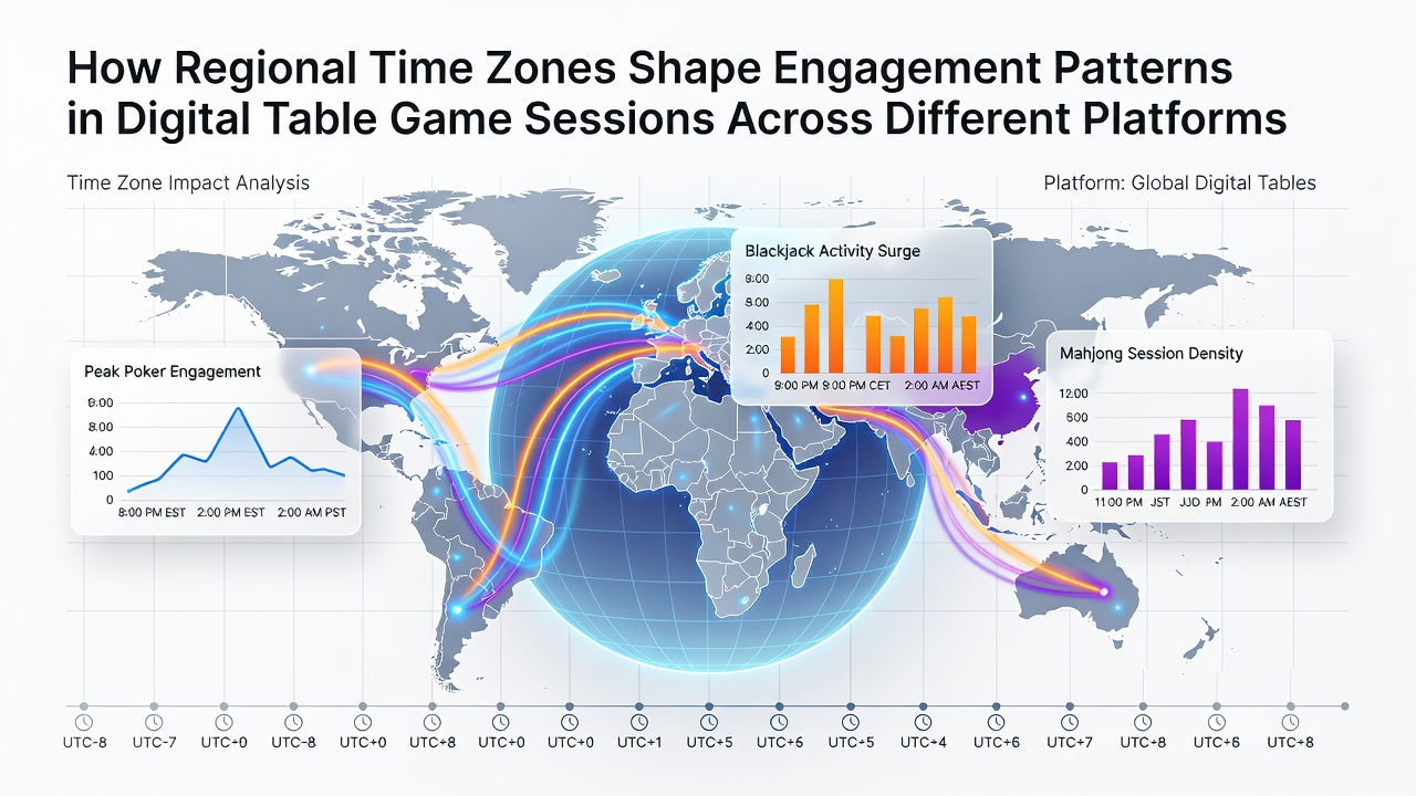 Graph illustrating engagement peaks in different time zones for online poker and blackjack sessions on multiple platforms