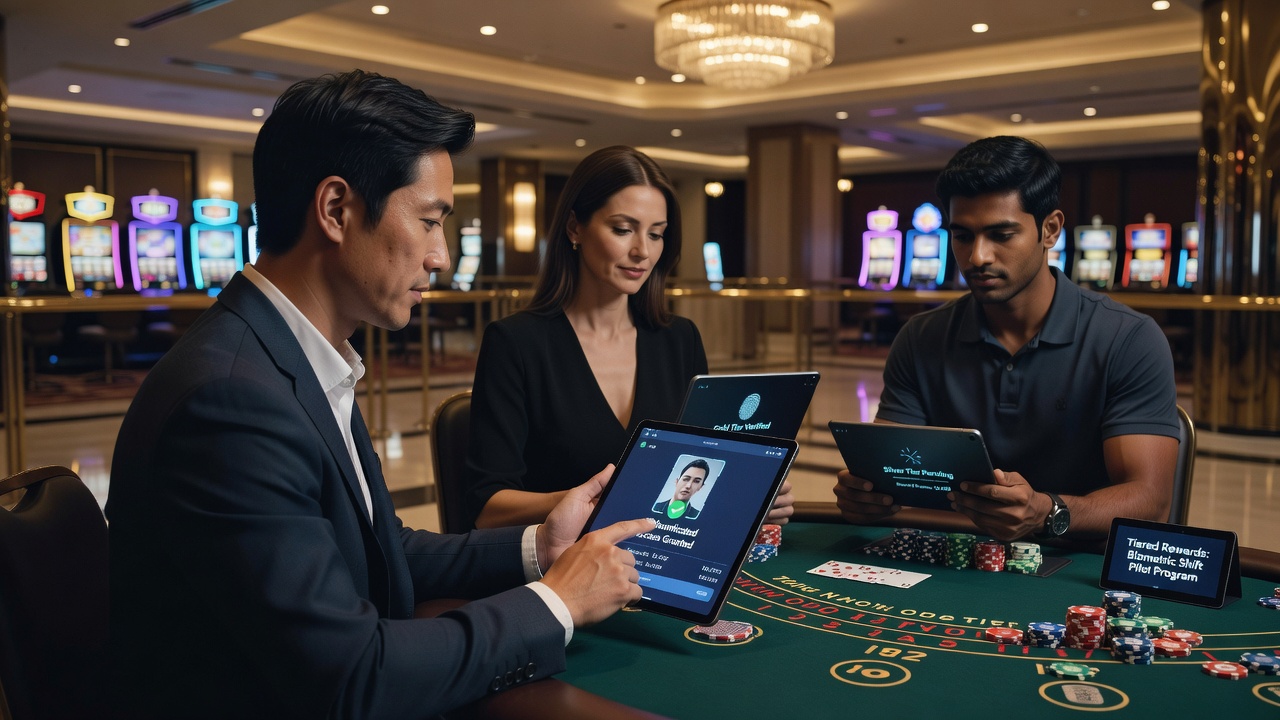 Casino patrons using handheld devices for table game sessions with biometric login interfaces visible on screens
