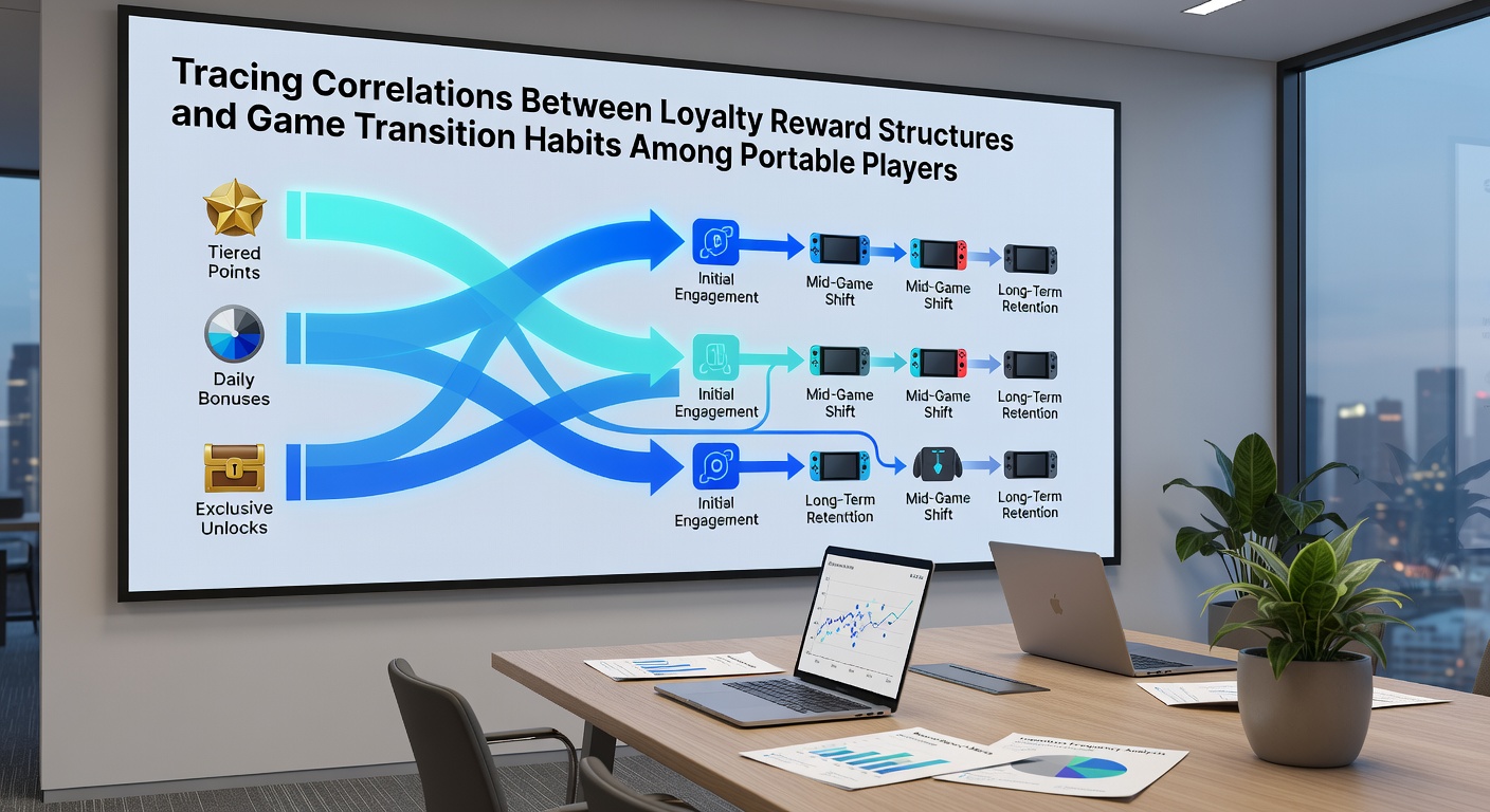 Analytics dashboard showing correlations between reward tiers and user game transition data on portable devices