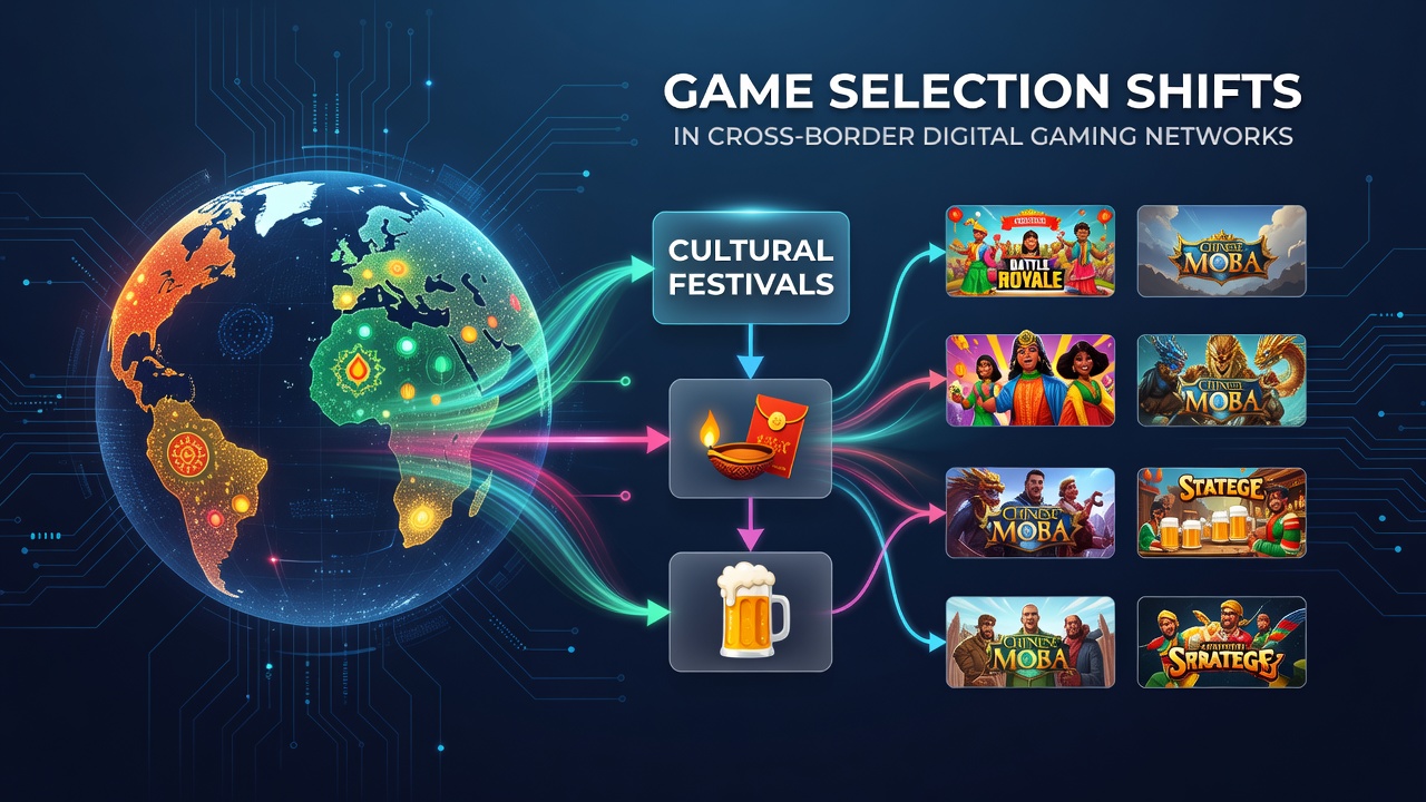 Cross-border digital gaming networks showing festival-themed game interfaces during global events